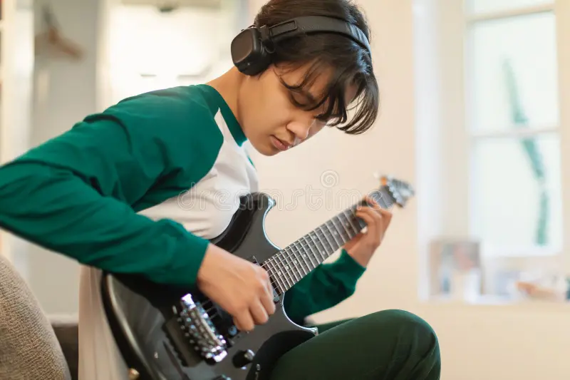 Teen learning guitar at home