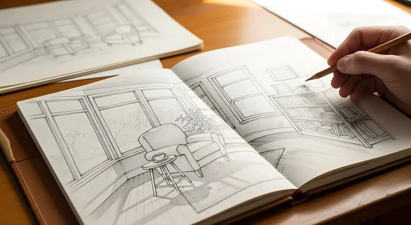 Open sketchbook with doodles and sketches on a desk