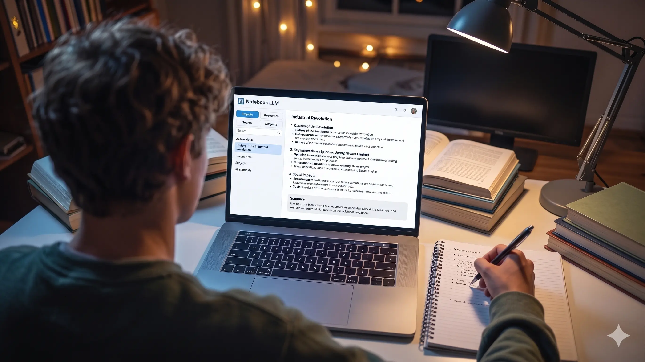 Student studying with laptop and notes