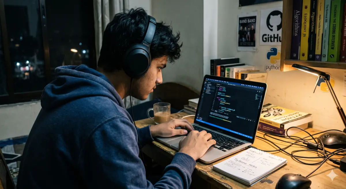 Teen coding at night on laptop Python project