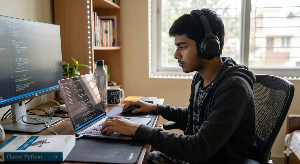 Teen coding Python on laptop screen
