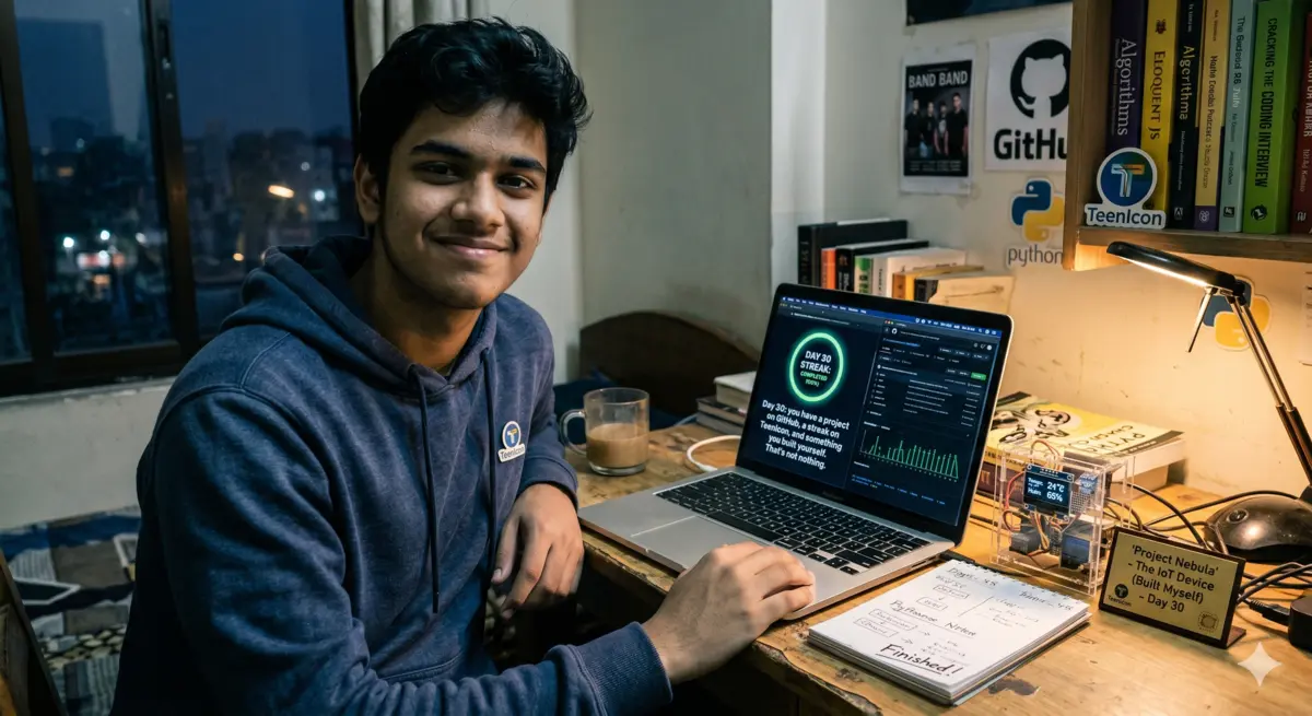 Student finishing coding project on laptop portfolio