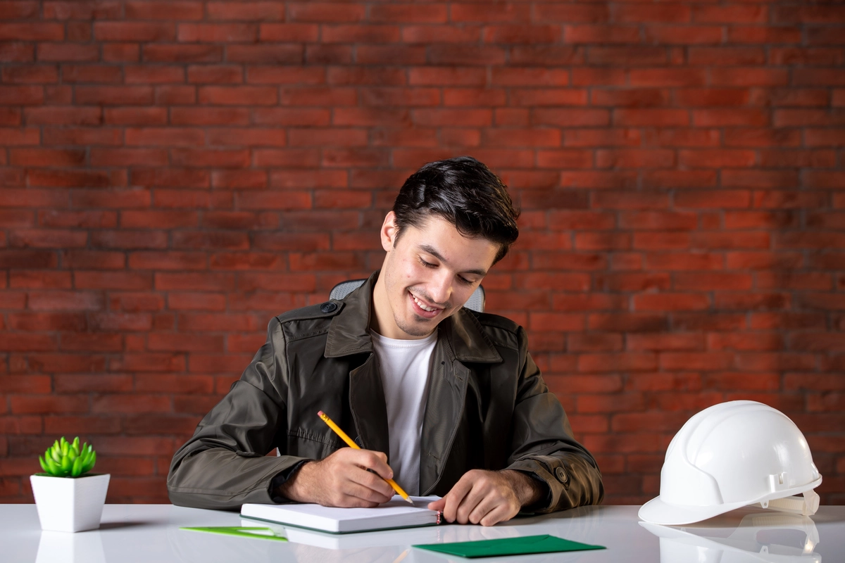 Young Indian student feeling confident at a desk with a completed project
