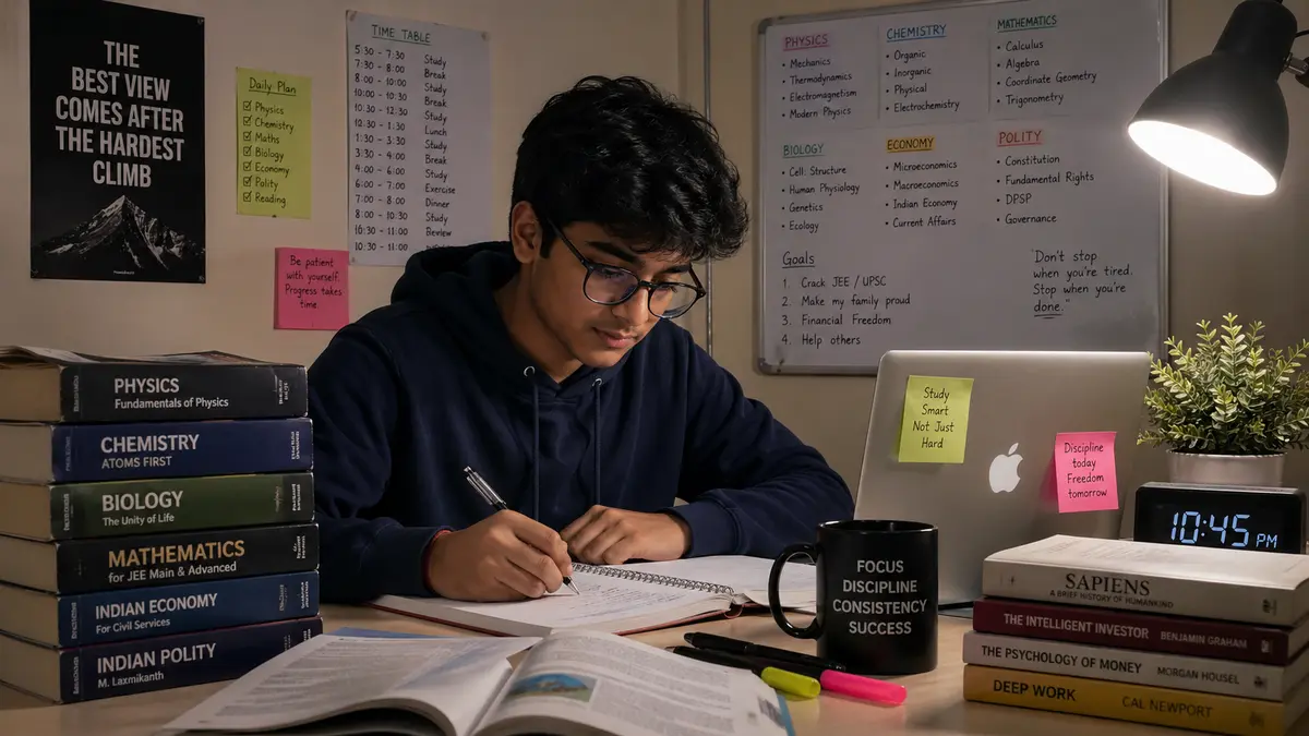 Indian teenager studying across multiple fields at a desk with books and laptop
