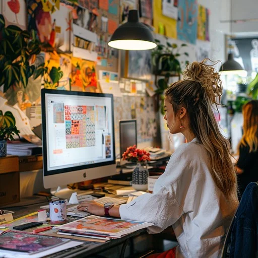 Creative workspace combining visual design and written storytelling