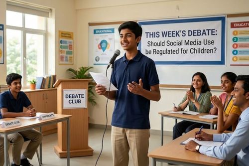 Students speaking and debating in a school setting