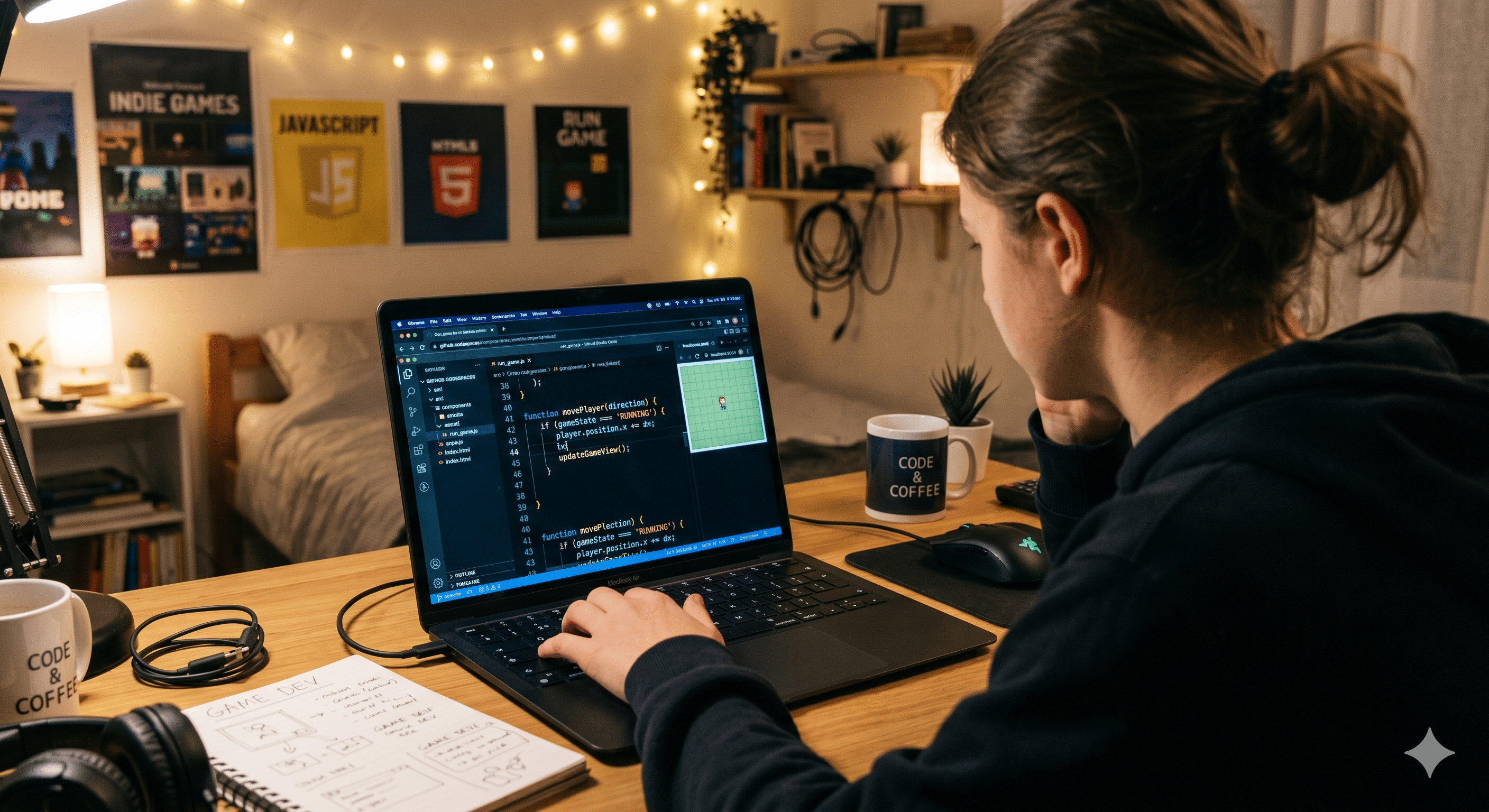 A browser game being built in a code editor