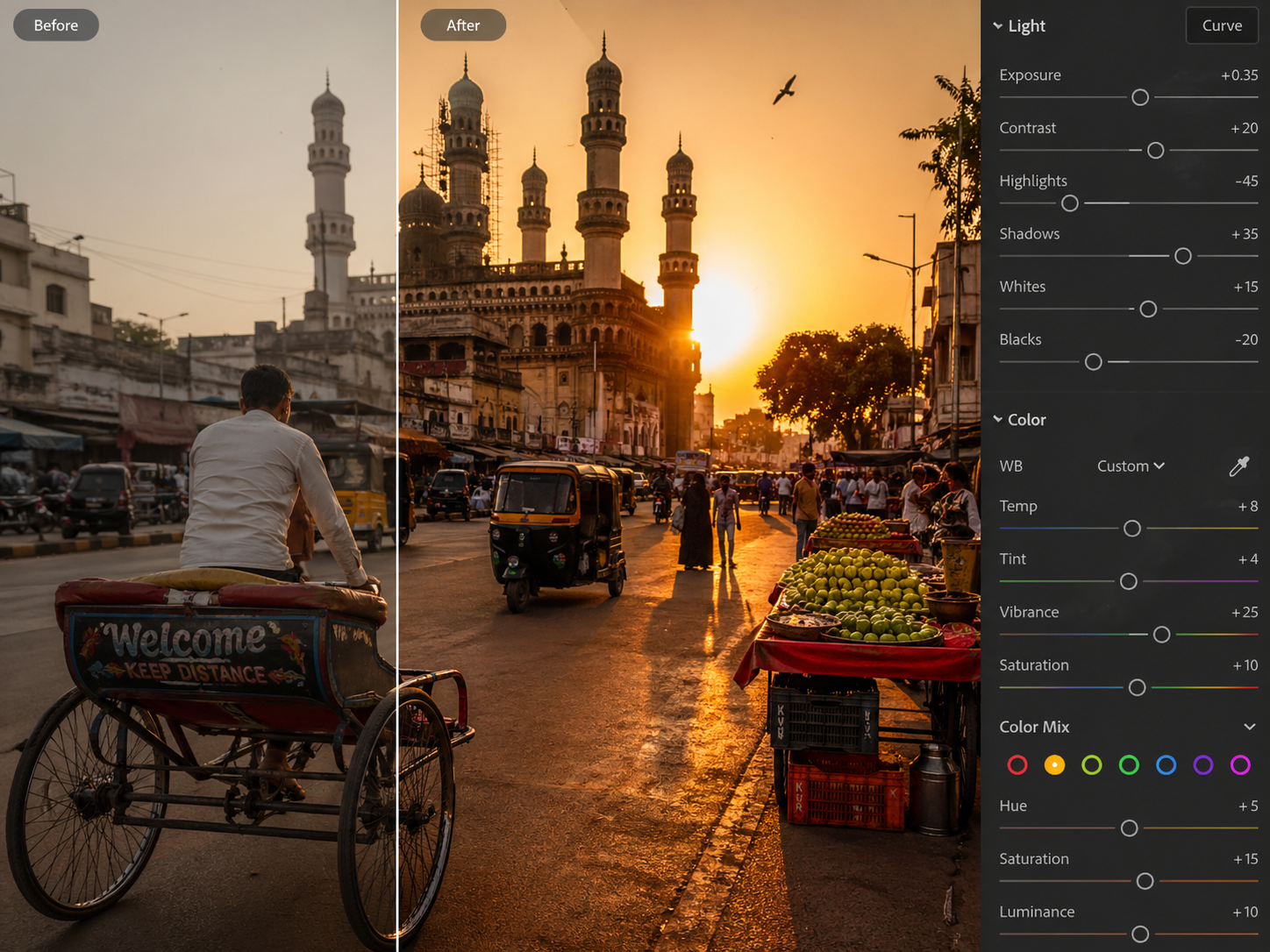 Indian street scene in golden hour light — ideal for Lightroom colour grading
