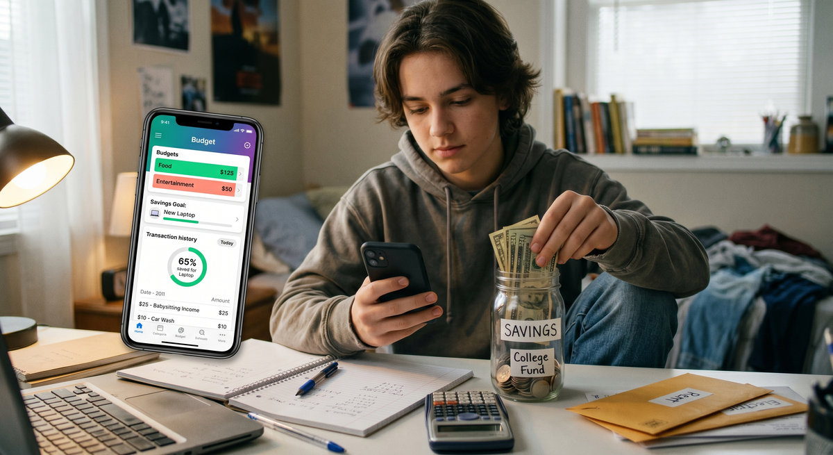 Teen saving money and tracking finances on a phone