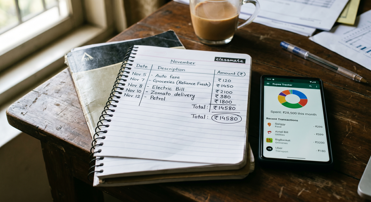 Notebook and phone showing expense tracking with Indian rupees