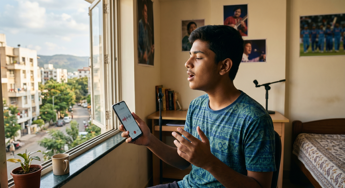 Teen practising singing with phone recording, in front of a window