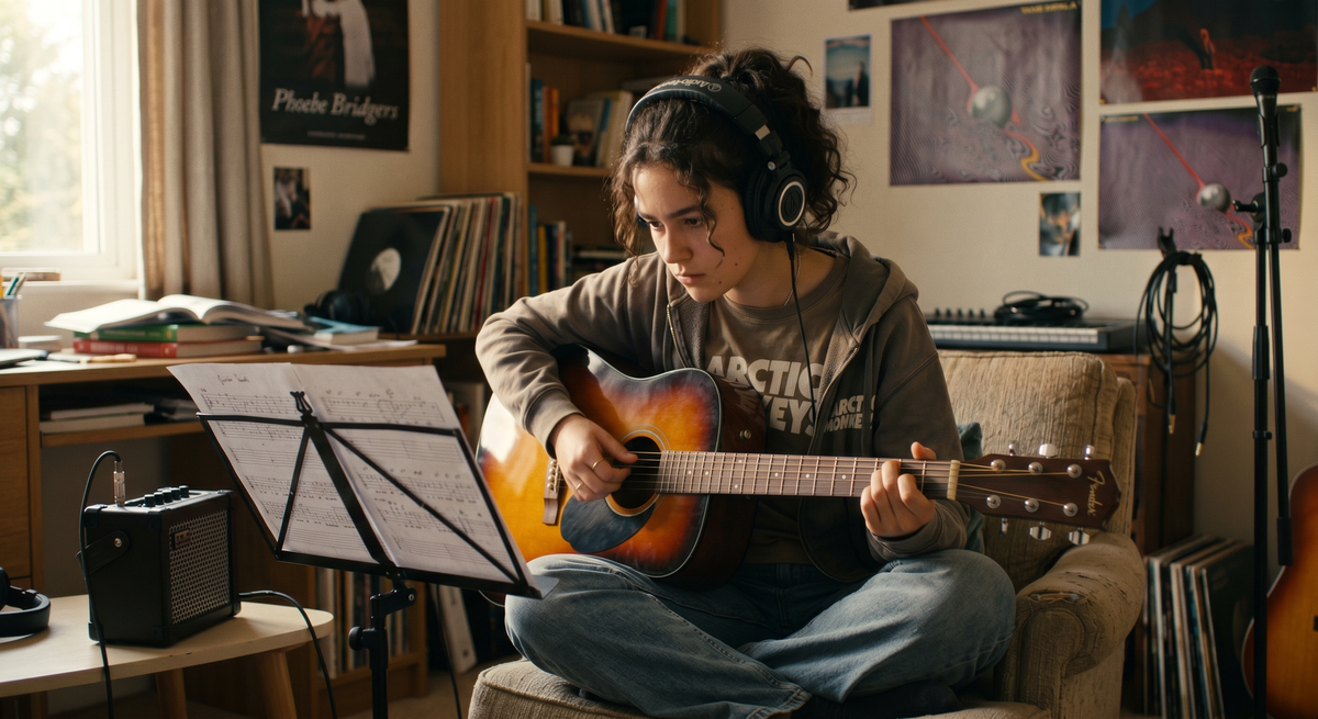 Teen with headphones, focused and practising music