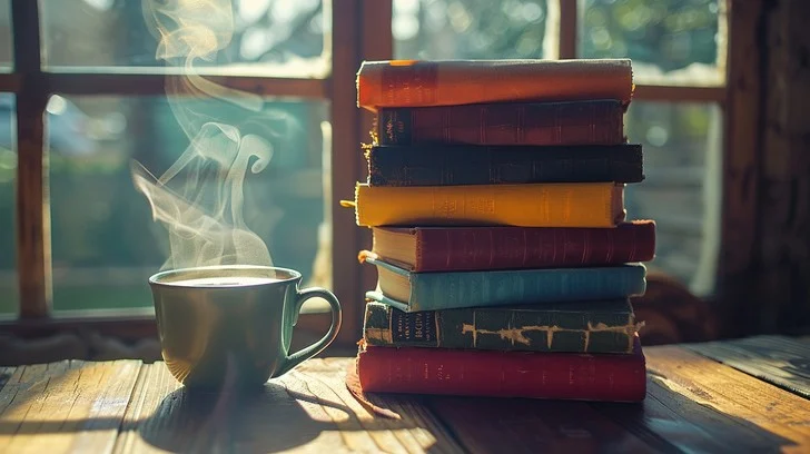 Stack of books beside a cup of chai on a study table