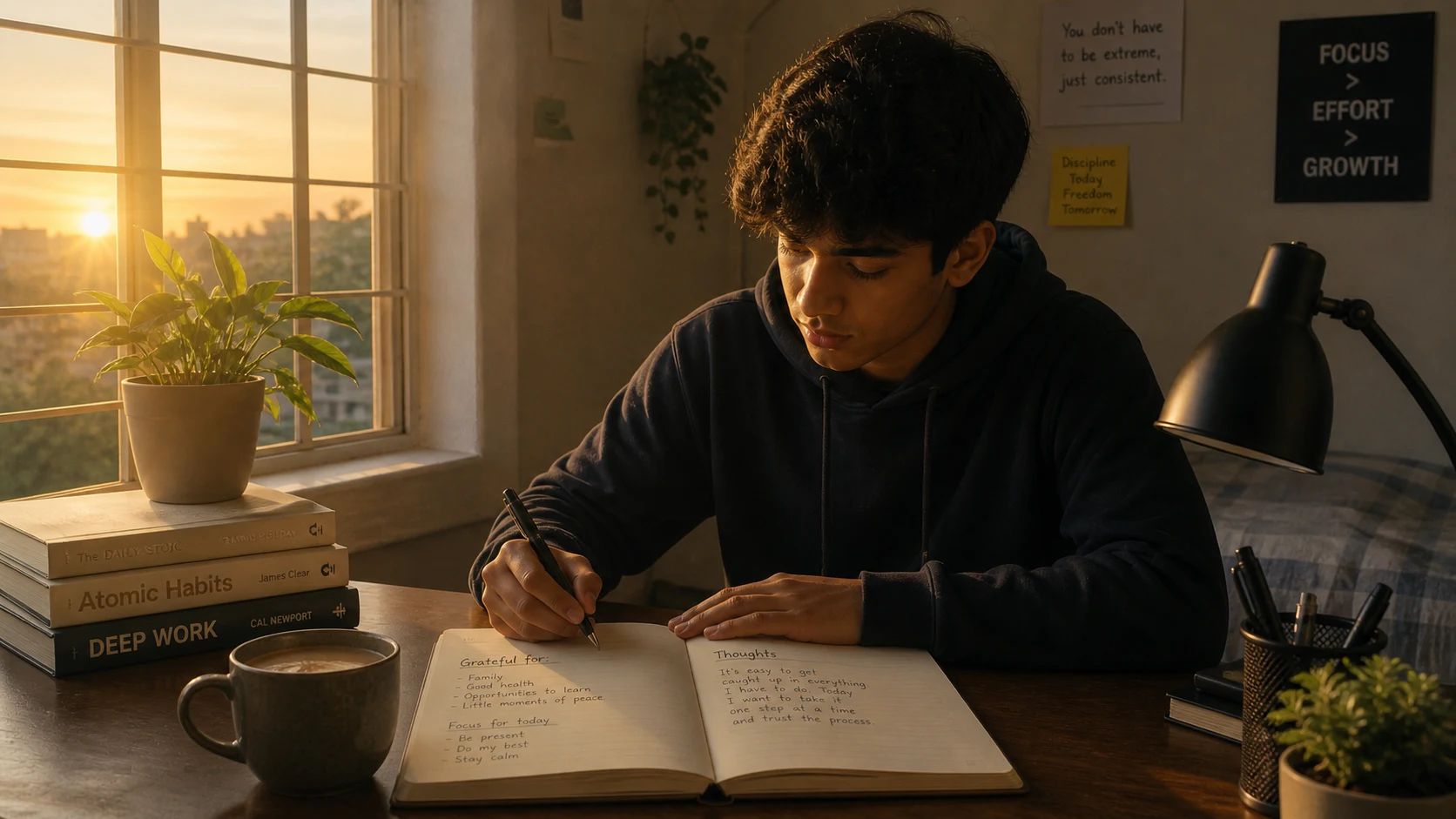 Early morning journaling scene with warm light — a quiet, private moment