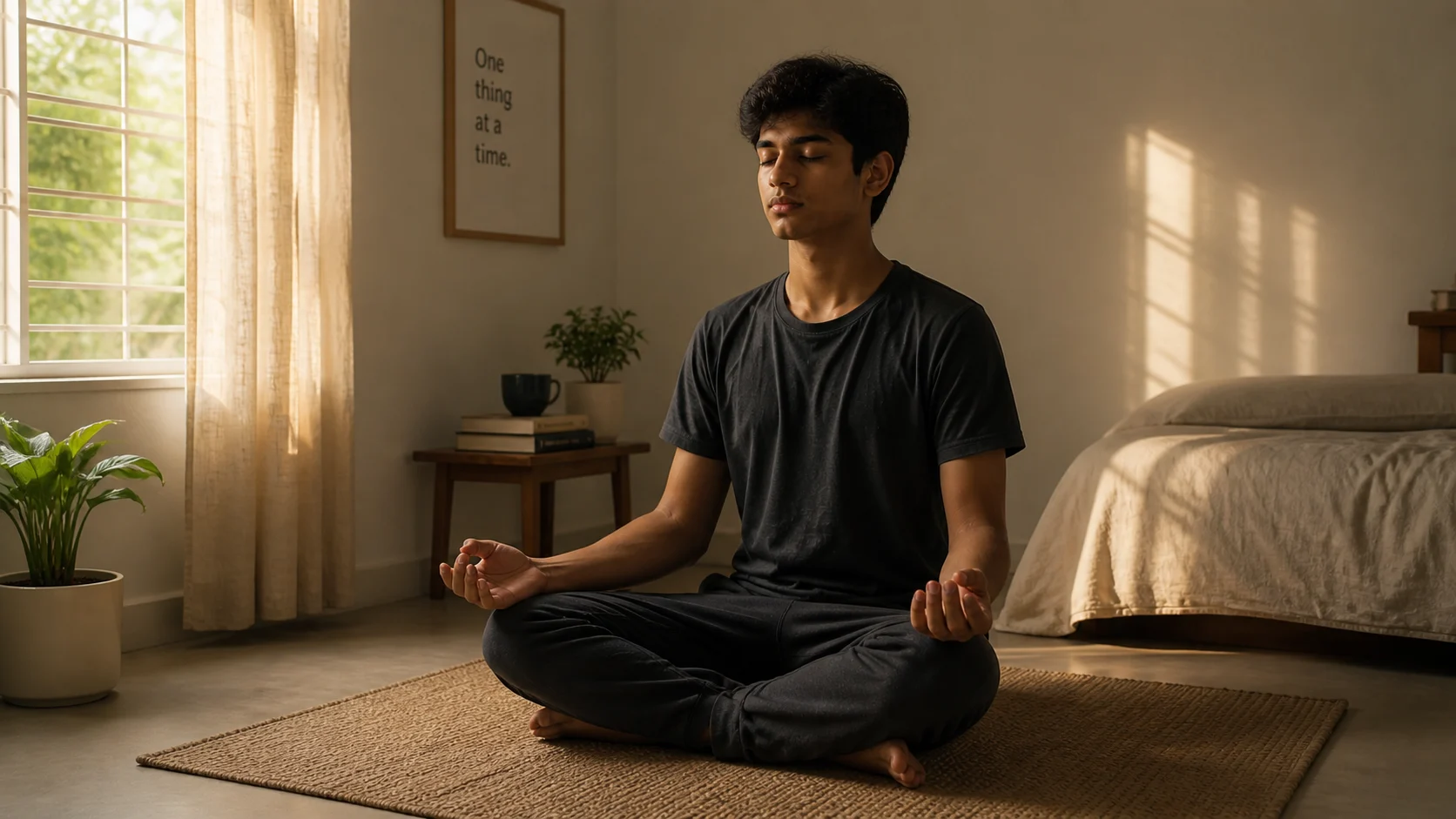Quiet morning meditation scene — simple, uncluttered, calm