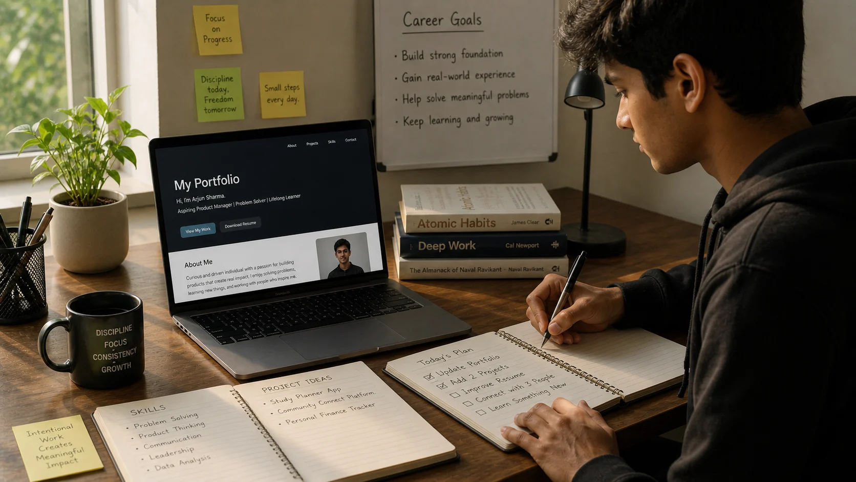 Student building a portfolio and career profile — organised notes, laptop, intention