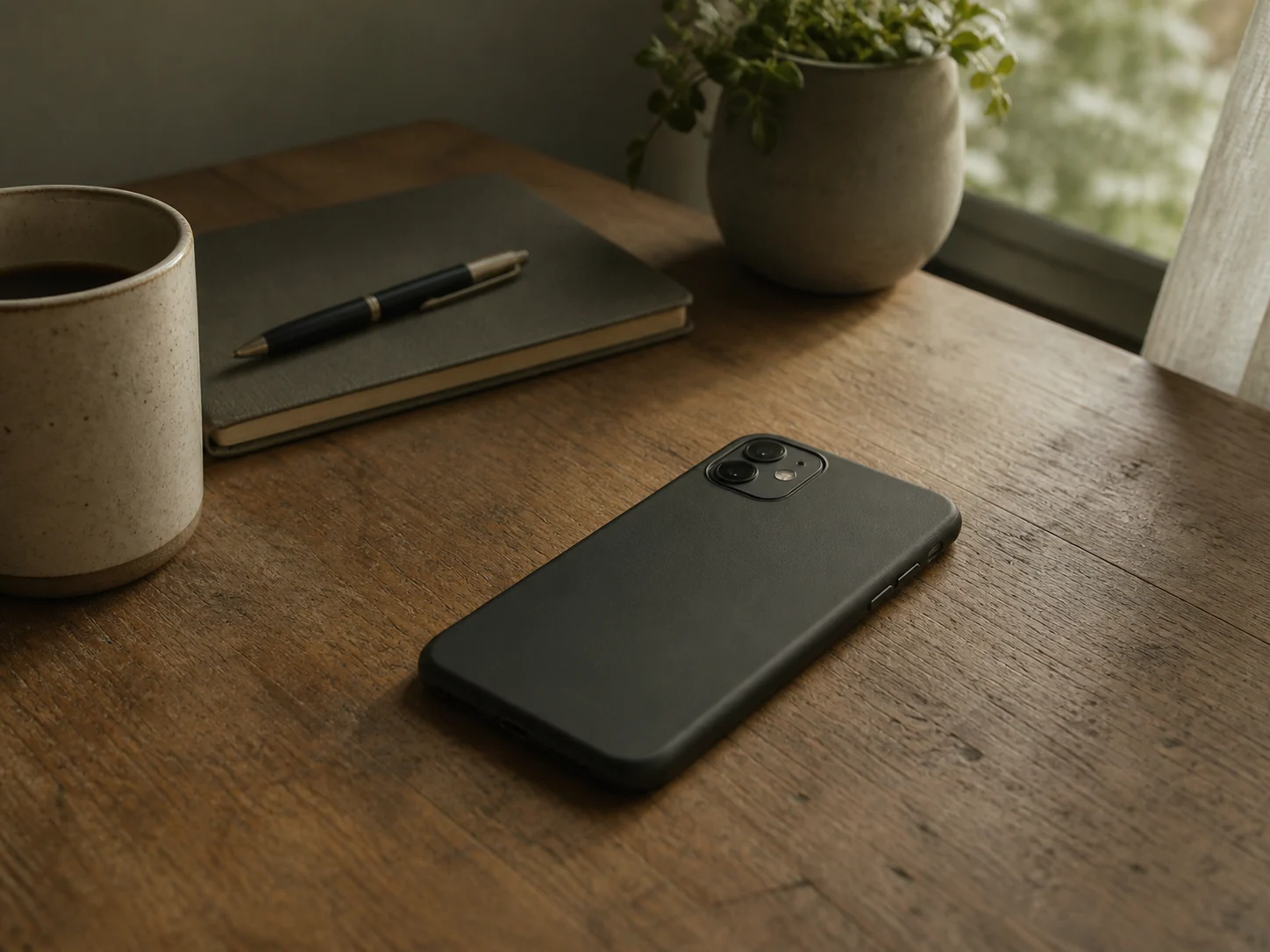 Phone face down on a table — a deliberate, quiet act of disconnection