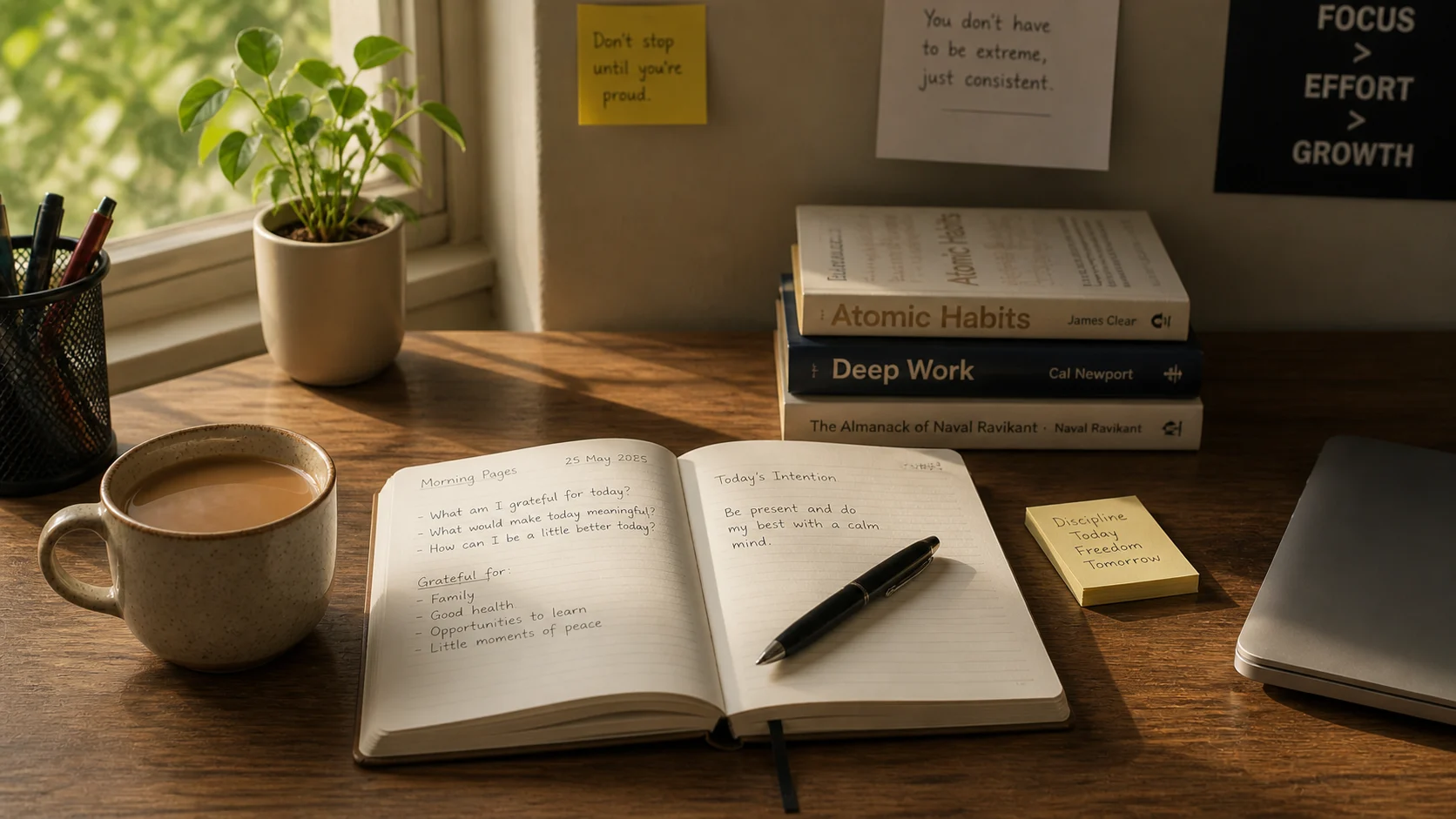 Open journal and pen on a study table beside a cup of morning chai
