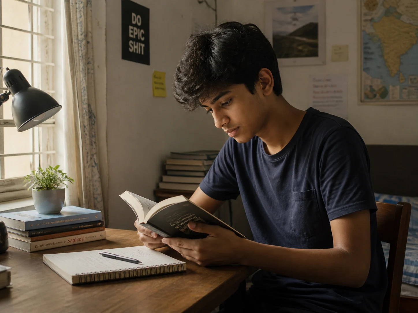 Teen reading a book or doing something offline — genuinely absorbed in something real
