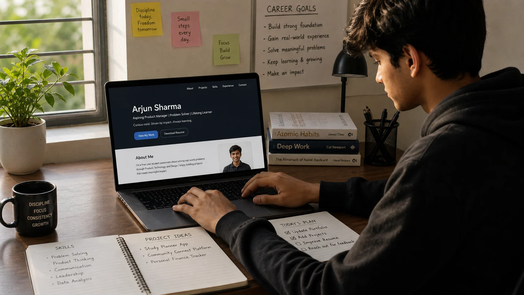 Laptop open to a professional profile being set up — clean desk, focused