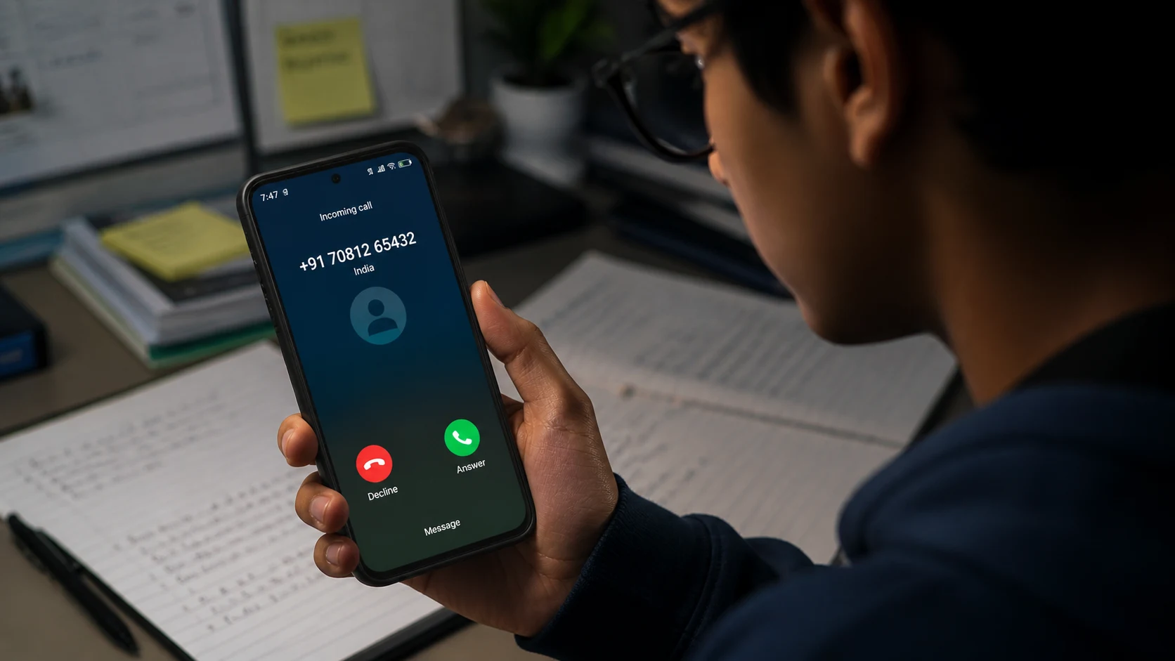 Phone screen showing a suspicious call or video — digital safety awareness