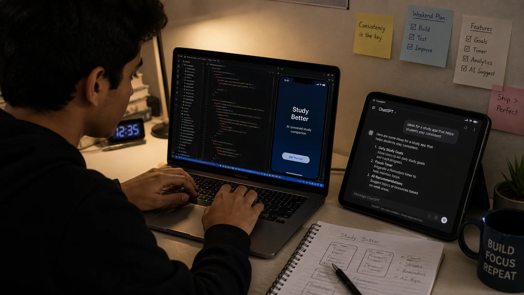 Teen building an app on a laptop using AI chat — weekend project energy