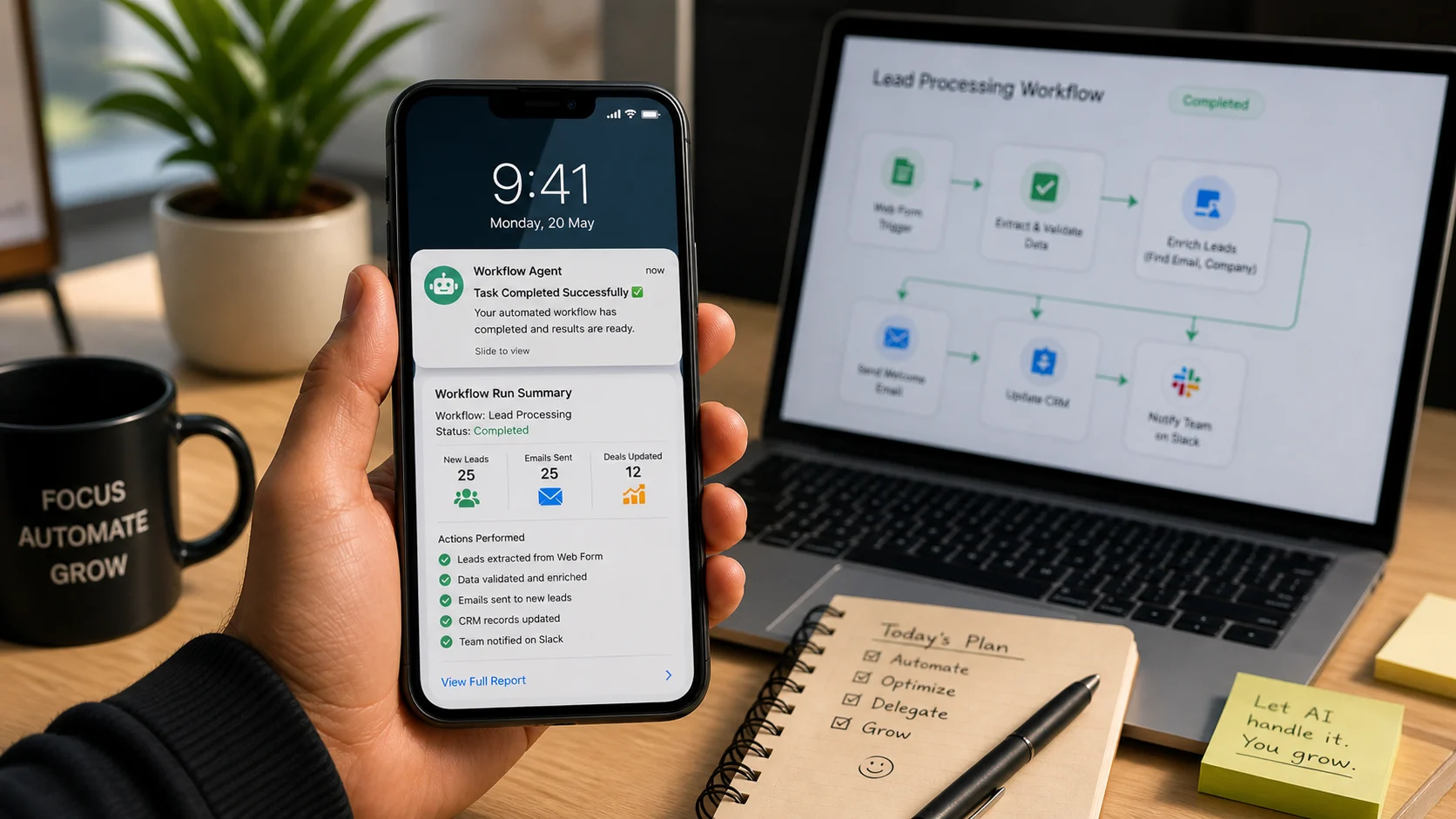 AI automation workflow running in the background — gears, flow, intelligence