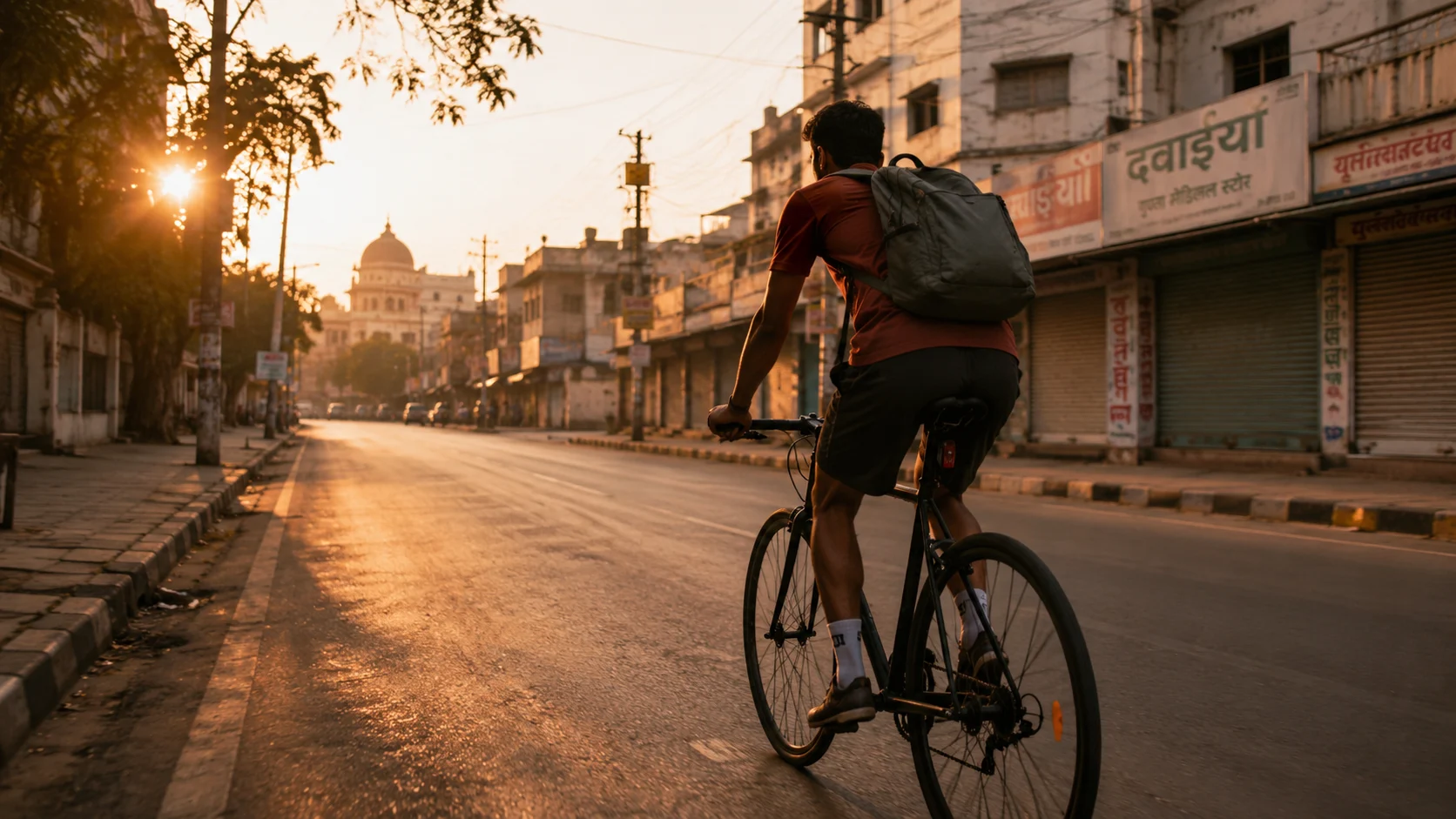 Cyclist in motion through an Indian city at dawn — freedom, momentum, peace