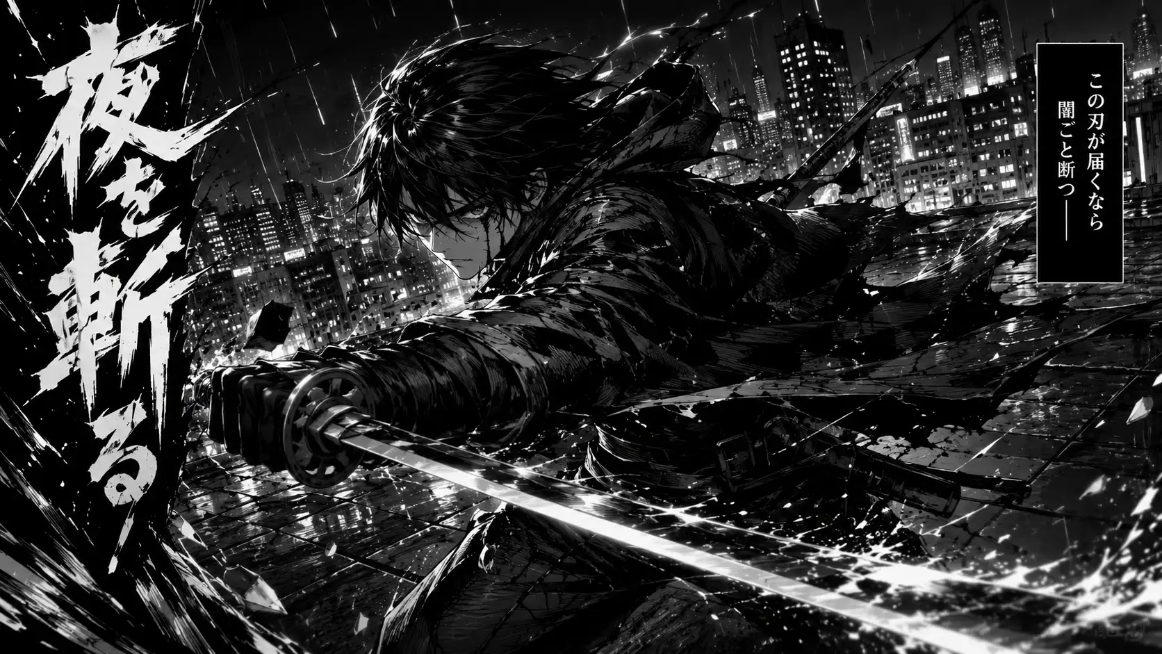 Dark manga art style — intense, high-contrast, stylised action manga aesthetics