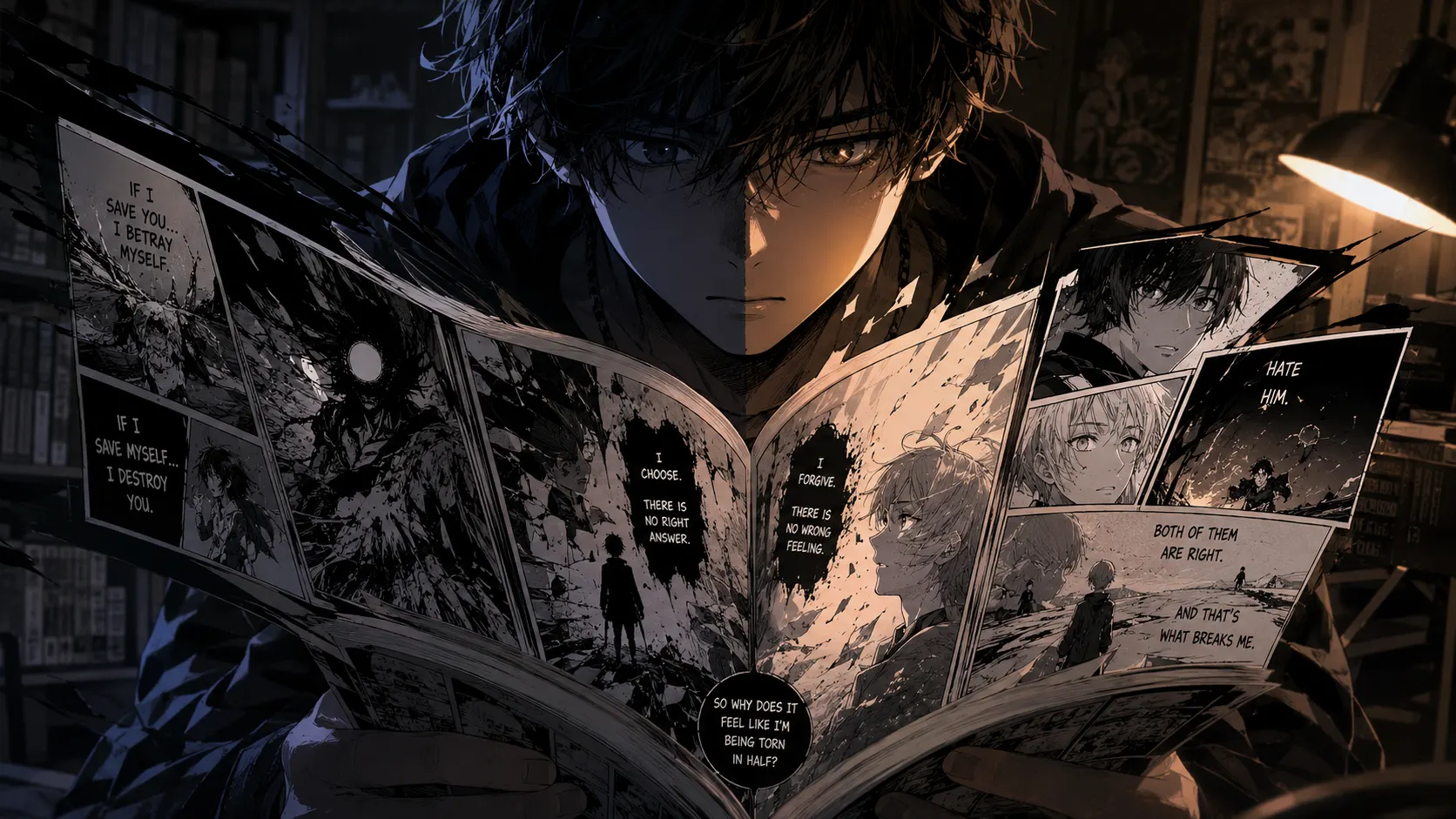 Manga panels being read intensely — the experience of reading something that divides you