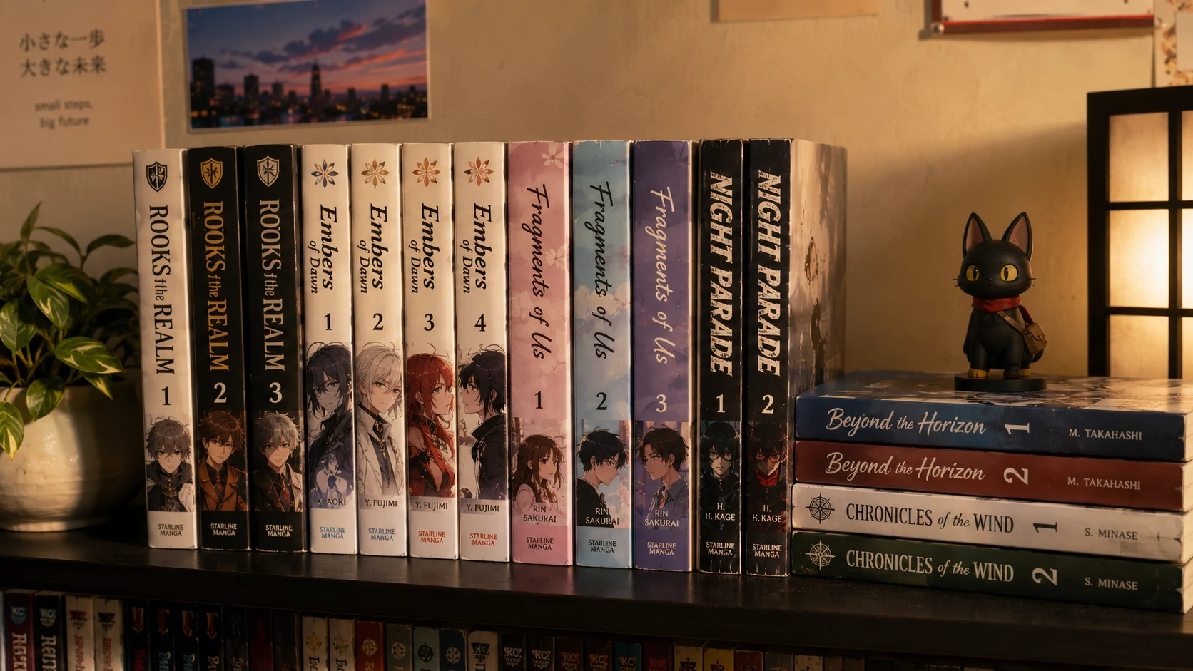 Manga volumes arranged on a shelf — the beginning of a real physical collection
