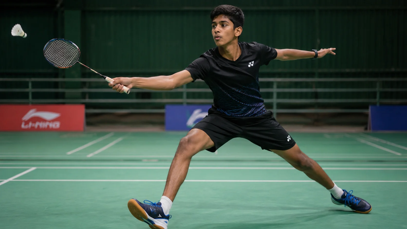 Teen playing badminton on a court — focused, technical, determined