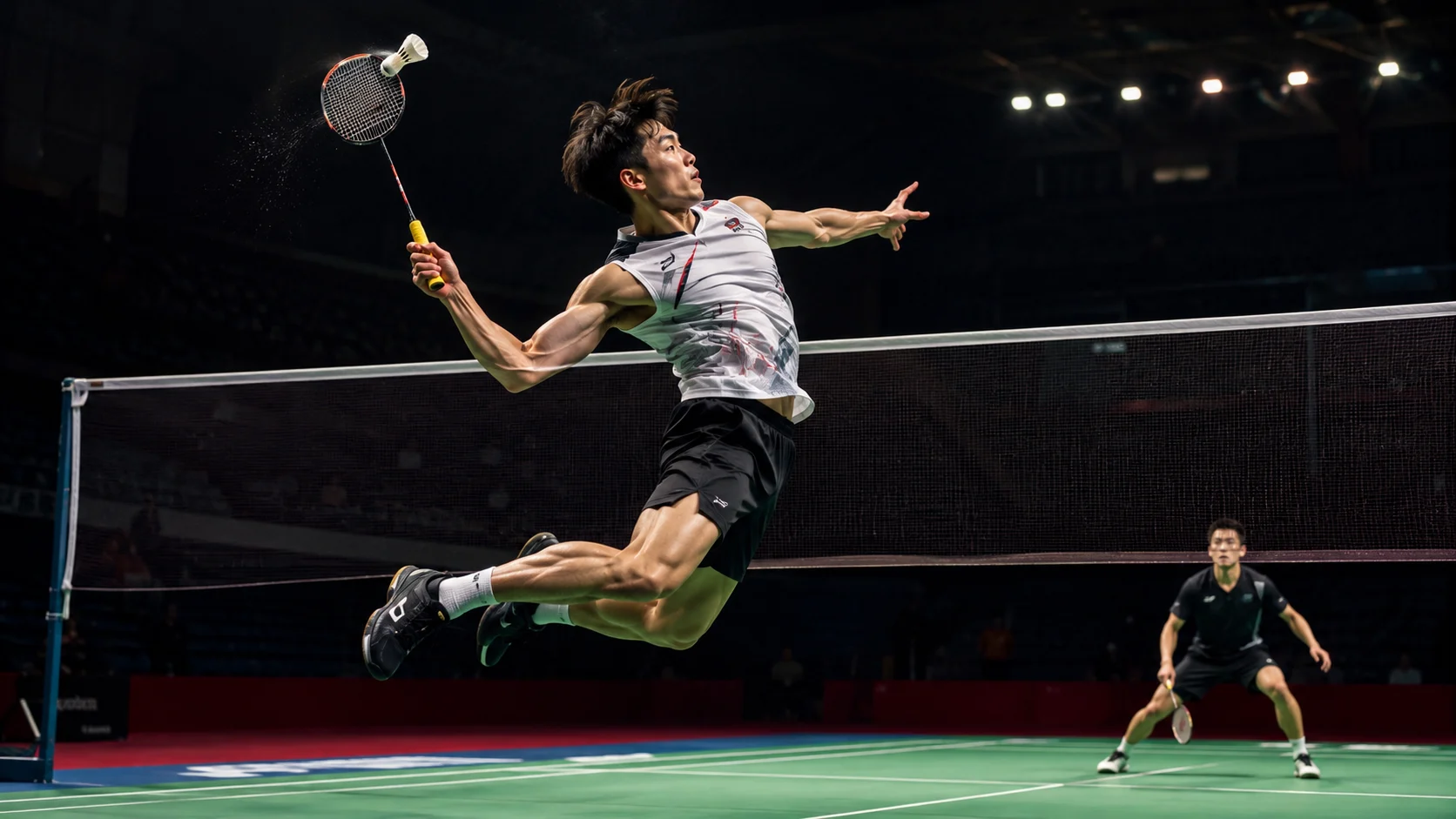 Player mid-smash on a badminton court — power, technique, timing coming together