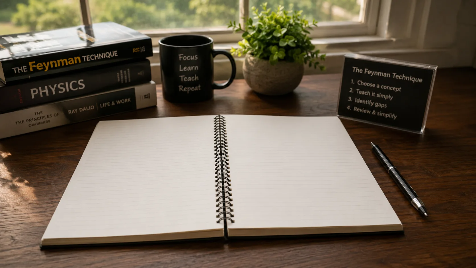 Blank notebook and pen ready for Feynman technique — simple, powerful, works