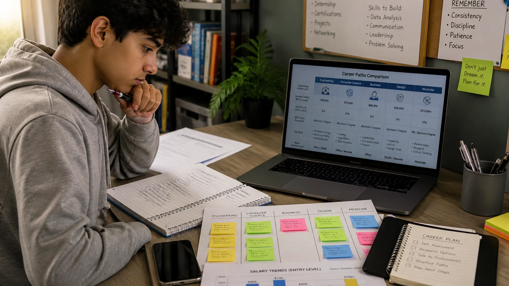 Teen planning career options — writing, thinking, deciding between paths with real data