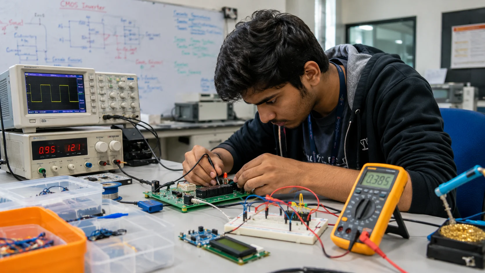 Student working on electronics hardware in a lab — the hands-on foundation of a semiconductor career