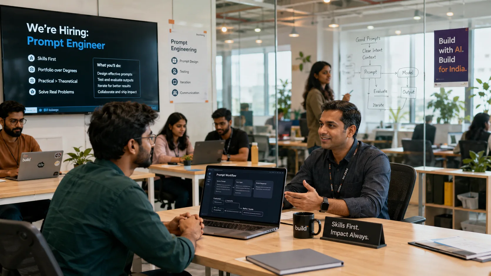 Indian AI startup office — the hiring environment where prompt engineering roles are opening without degree requirements
