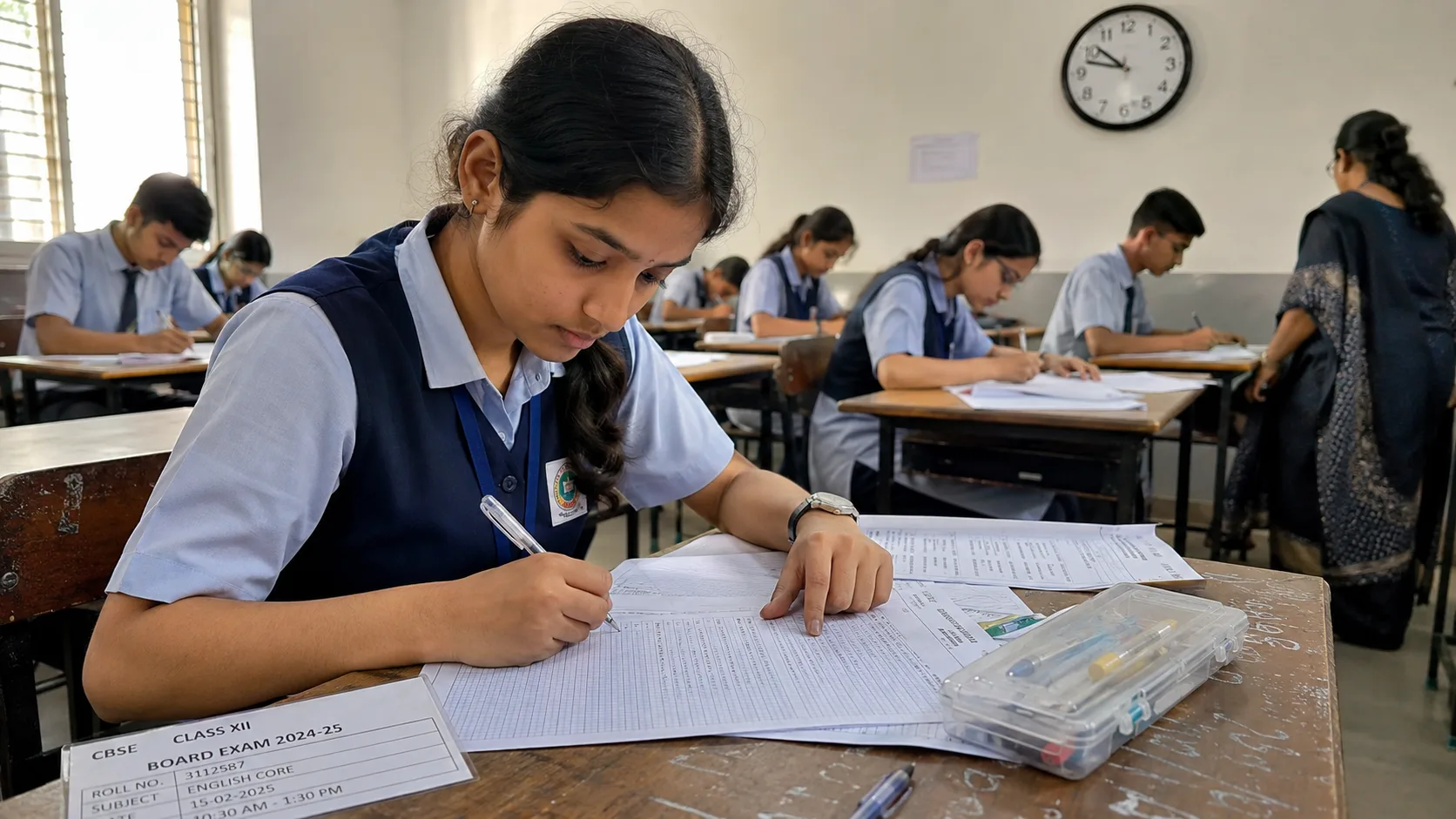 Class 12 student writing a board exam answer — precise, structured, every mark accounted for