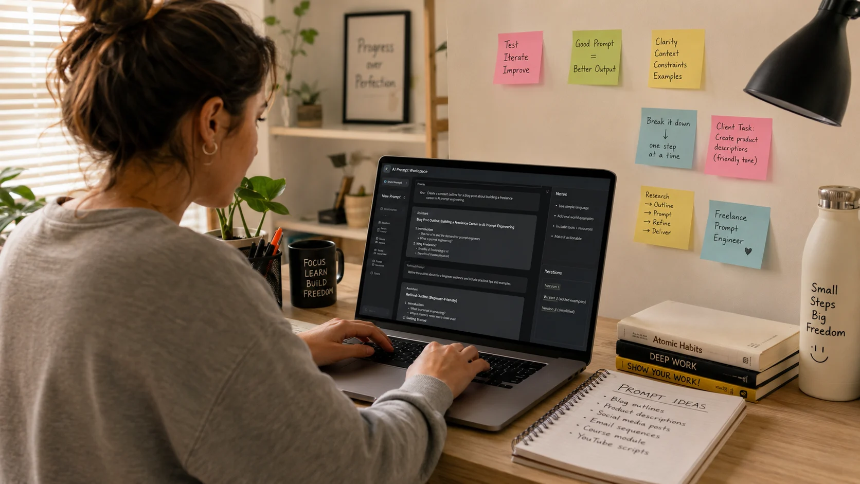 Young person working on AI prompt engineering at a laptop — the new technical career that doesn't require a CS degree
