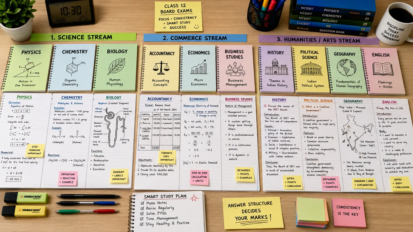 Subject-specific study notes for Class 12 — each stream has different answer structure priorities