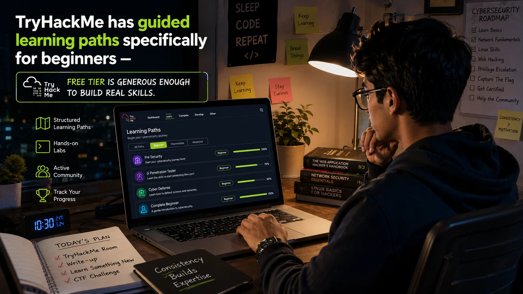 Student studying cybersecurity on a laptop