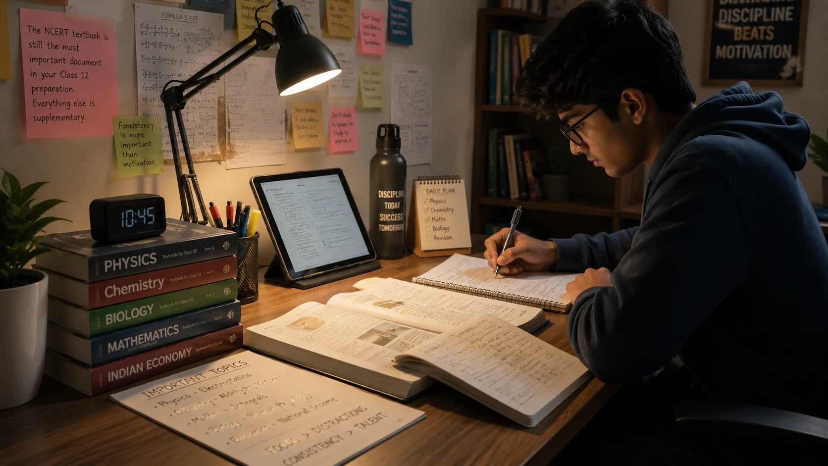 Student studying at a desk with books and notes