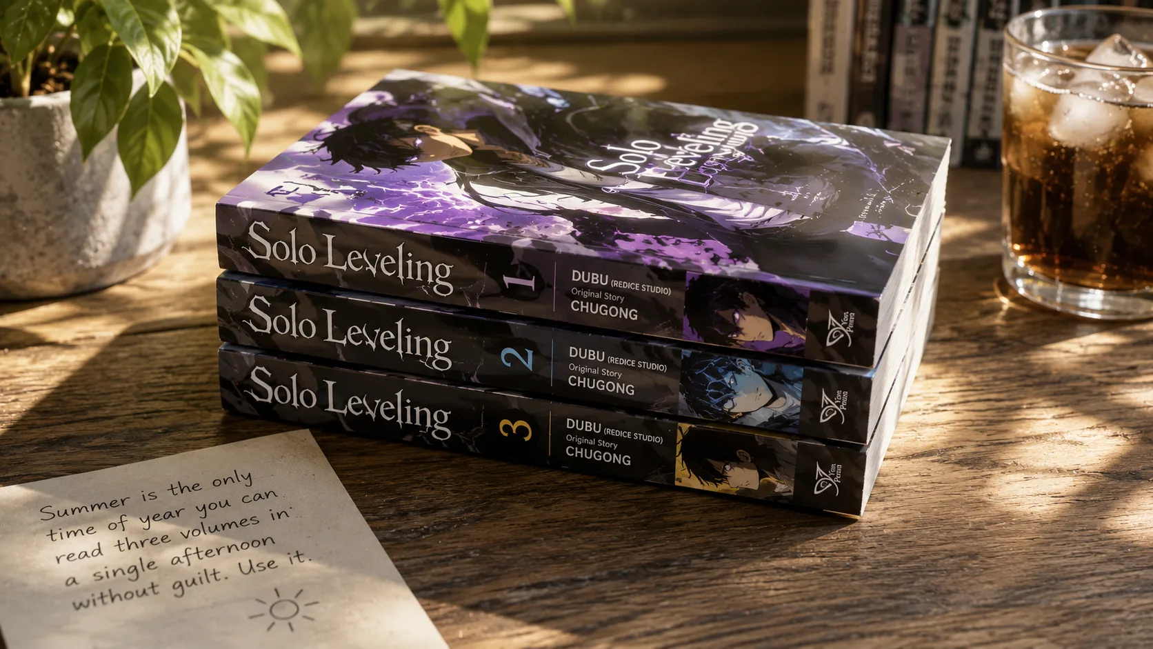 Stack of manga volumes on a wooden surface