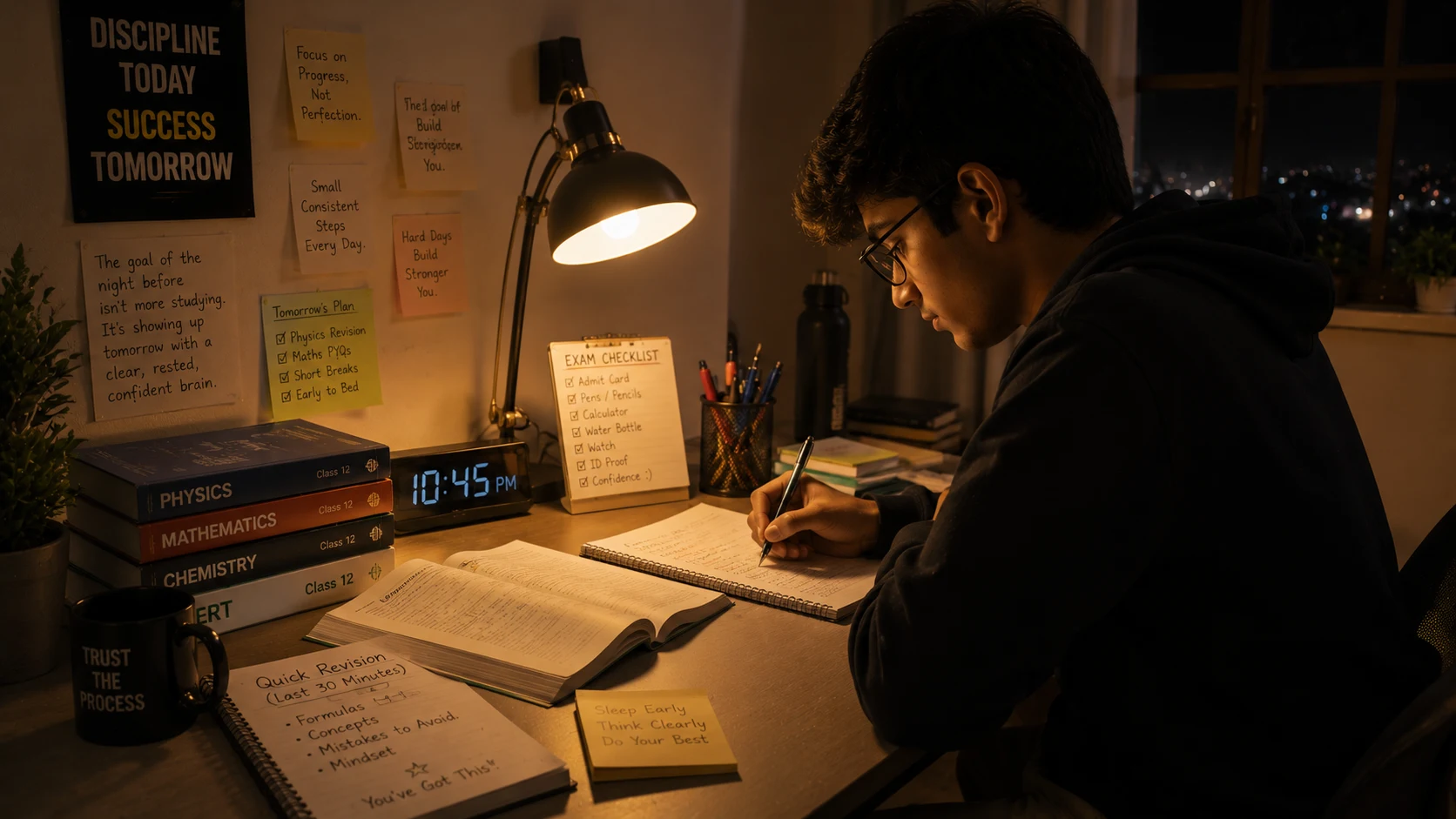 Student studying at a desk under warm lamp light at night