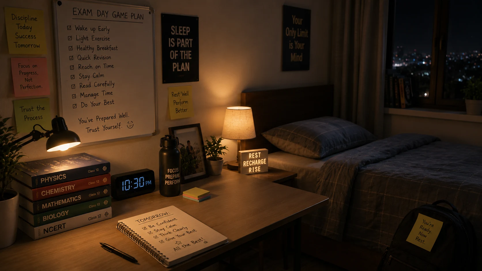 Peaceful bedroom at night representing rest before an exam