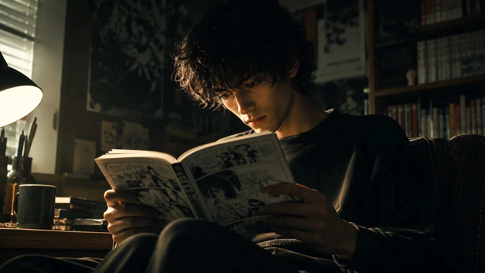 Person reading manga with dramatic lighting