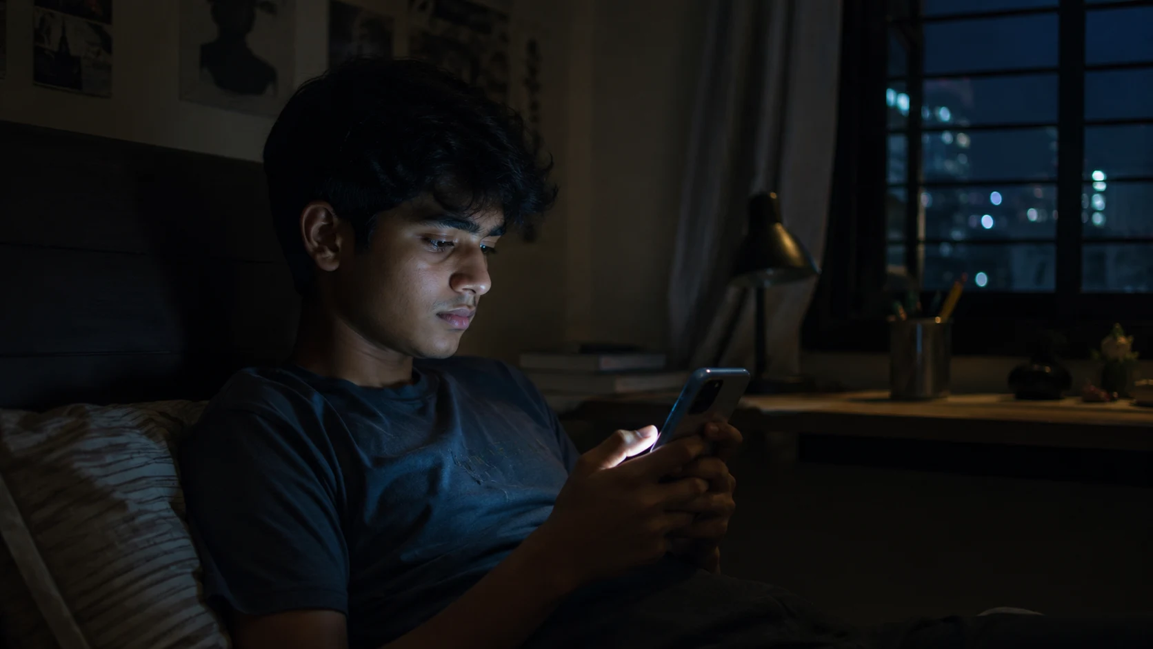 Teenager looking at phone screen at night