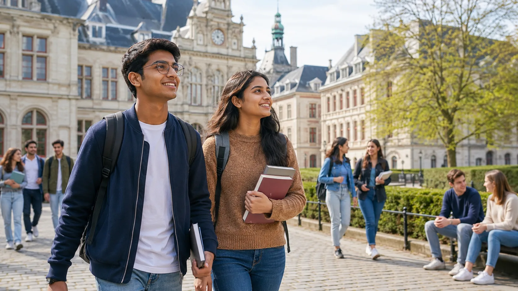 European university campus with students