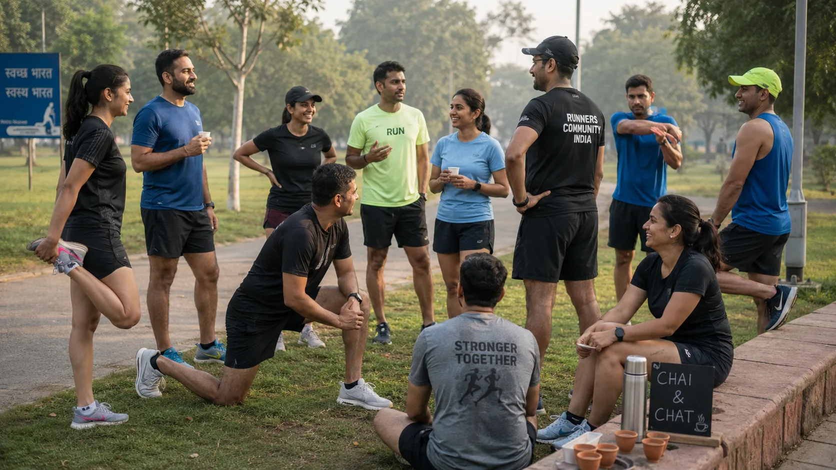 Group of young runners on an early morning city route