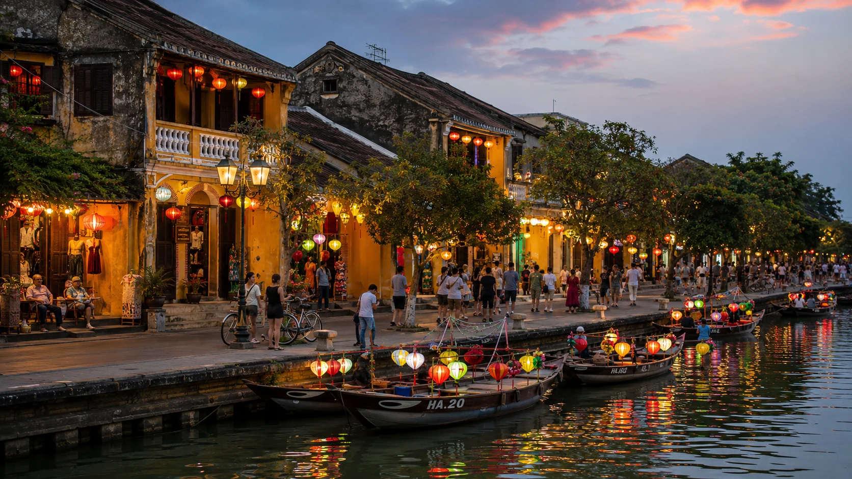 Hanoi Old Quarter streets at morning with motorbikes and food stalls